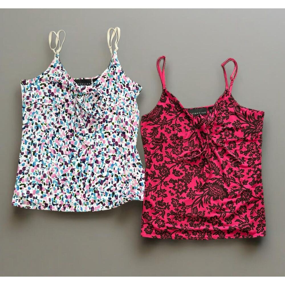 Lot Of (2) Y2K Attention Spaghetti Strap Tops XS Whimsy Goth Black Floral Pink